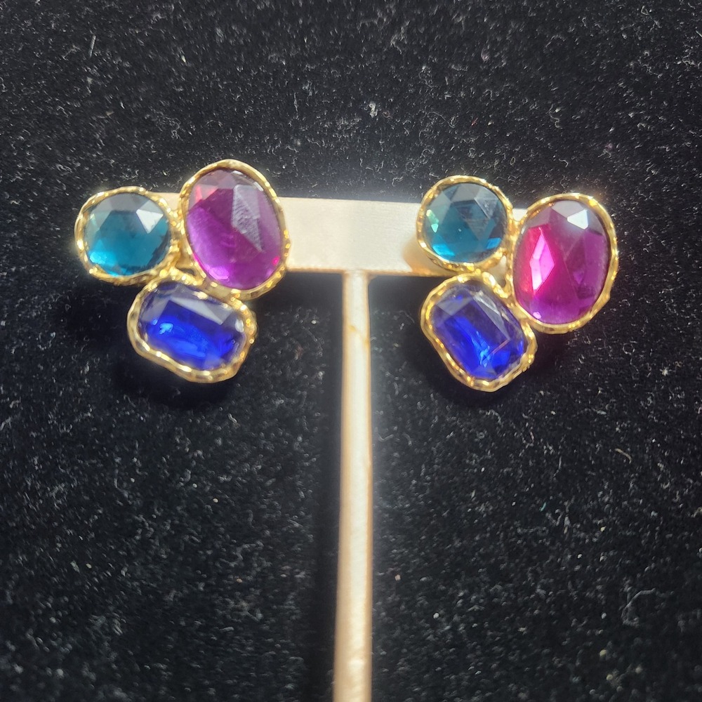Gold Tone Jewel Tone Cluster Earrings Purple Blue Teal Faceted Glass Post Back